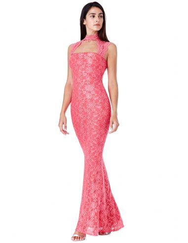 CORAL HIGH NECK CUT OUT LACE MAXI DRESS