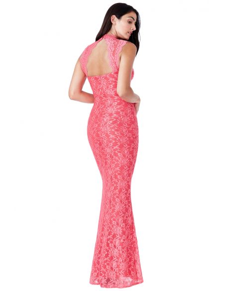 CORAL HIGH NECK CUT OUT LACE MAXI DRESS