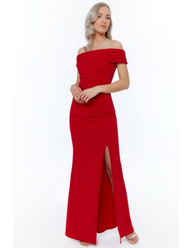 RED OFF THE SHOULDER MAXI WITH SPLIT