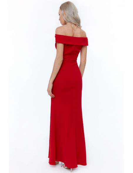 RED OFF THE SHOULDER MAXI WITH SPLIT