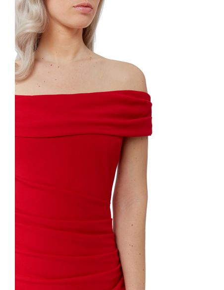 RED OFF THE SHOULDER MAXI WITH SPLIT