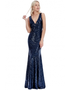 NAVY SEQUINNED LOW V NECK DRESS