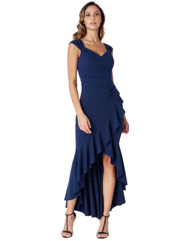 NAVY HIGH LOW FRILL HEM MAXI DRESS