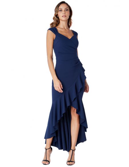 NAVY HIGH LOW FRILL HEM MAXI DRESS