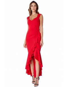 RED HIGH LOW FRILL HEM MAXI DRESS