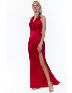 SATIN KNOT FRONT HALTER NECK MAXI DRESS