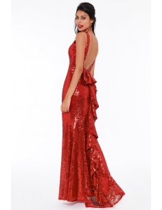 RED CERISE CHAMPAGNE HALTER MAXI FISHTAIL SEQUIN DRESS 2
