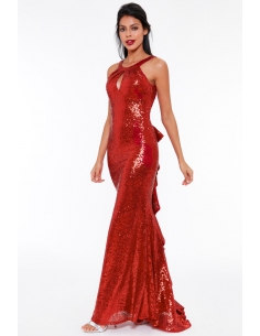 RED CERISE CHAMPAGNE HALTER MAXI FISHTAIL SEQUIN DRESS