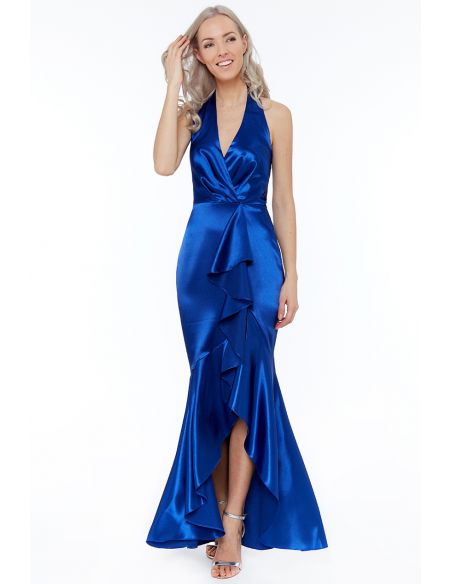 ROYAL BLUE SATIN HALTERNECK WITH FRILL MAXI DRESS