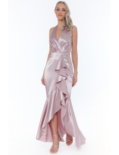 BLUSH SATIN HALTERNECK WITH FRILL MAXI DRESS