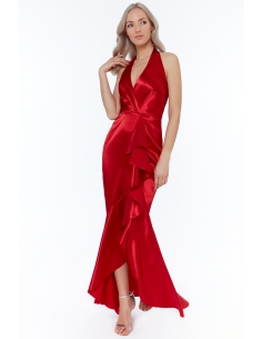 DOLGU MAXİ ELBİSE İLE KIRMIZI SATEN HALTERNECK