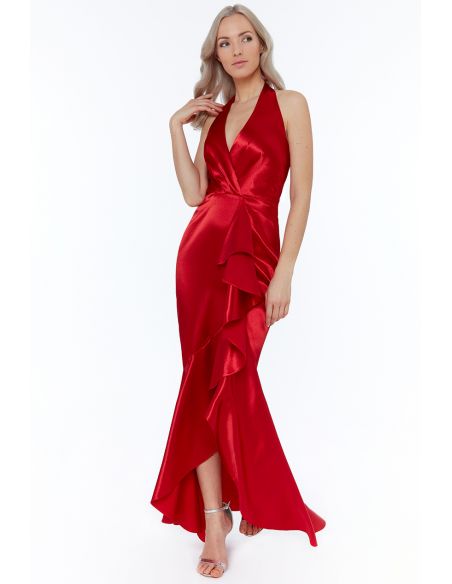 RED SATIN HALTERNECK WITH FRILL MAXI DRESS
