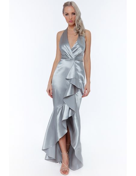 SILVER SATIN HALTERNECK WITH FRILL MAXI DRESS