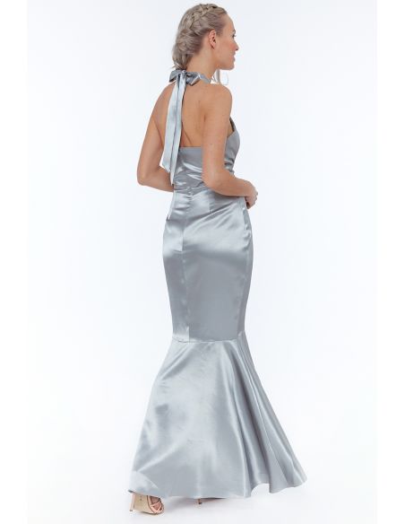 SILVER SATIN HALTERNECK WITH FRILL MAXI DRESS