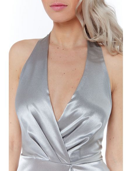 SILVER SATIN HALTERNECK WITH FRILL MAXI DRESS