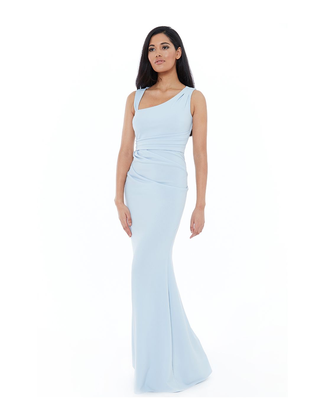 Powder Blue Asymmetric Pleated Maxi Dress 