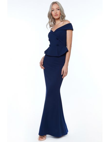 NAVY BARDOT CROSSOVER MAXI DRESS