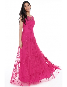 CERISE MESH EMBROIDERED MAXI DRESS