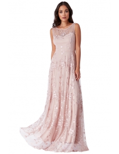 CERISE MESH EMBROIDERED MAXI DRESS