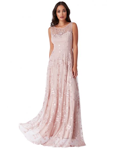 MISTY ROSE MESH EMBROIDERED MAXI DRESS