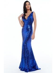 ROYAL BLUE SEQUINNED LOW V NECK DRESS