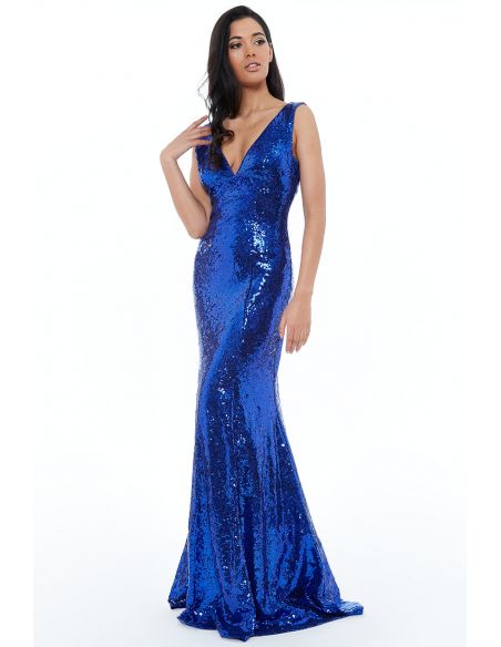 ROYAL BLUE SEQUINNED LOW V NECK DRESS