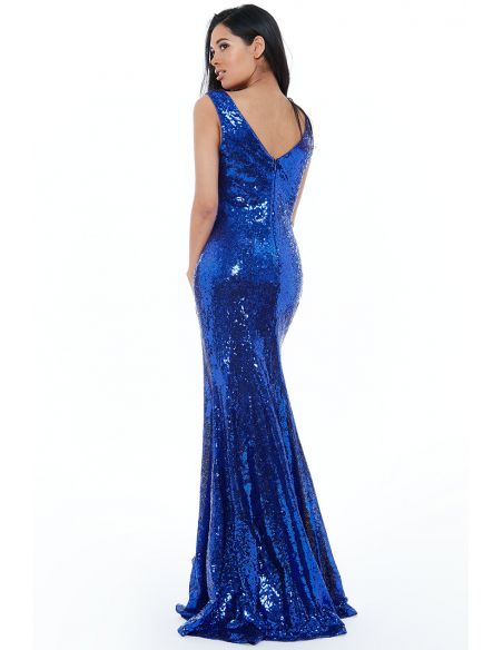 ROYAL BLUE SEQUINNED LOW V NECK DRESS