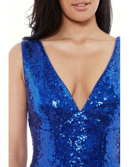 ROYAL BLUE SEQUINNED LOW V NECK DRESS