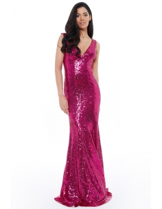 CERISE SEQUINNED LOW V NECK DRESS
