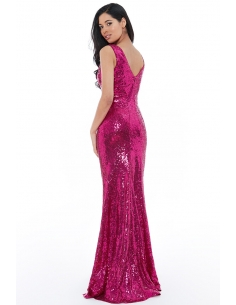 CERISE SEQUINNED LOW V NECK DRESS 2