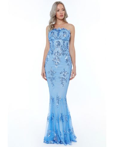 POWDER BLUE STRAPLESS SEQUIN EMBROIDERED MAXI DRESS