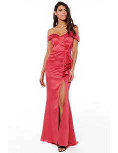 CORAL SATIN BARDOT BOW MAXI DRESS