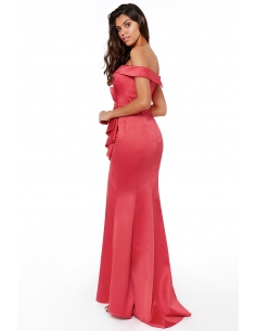 CORAL SATIN BARDOT BOW MAXI DRESS 2