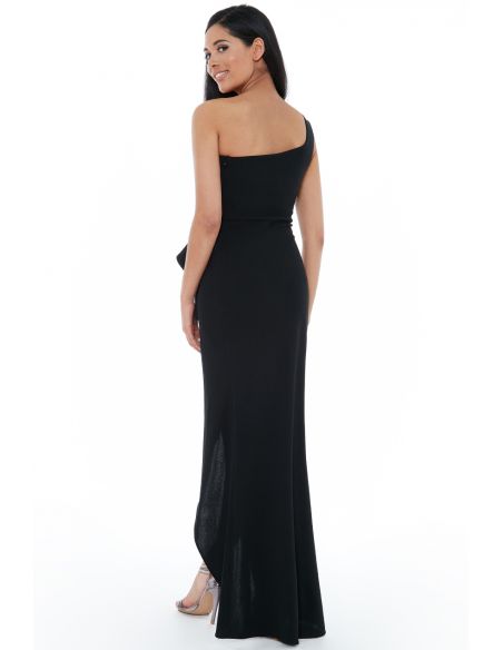 BLACK ONE SHOULDER MAXI WITH FRILL PLEAT