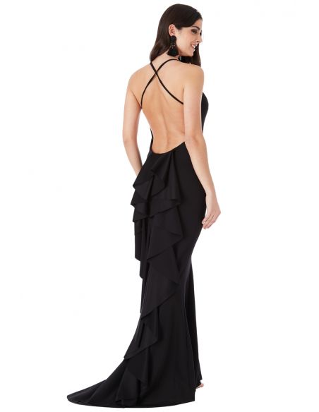 BLACK FISHTAIL MAXI DRESS WITH OPEN BACK AND WATERFALL FRILLS
