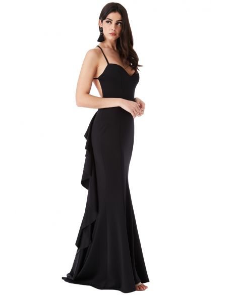 BLACK FISHTAIL MAXI DRESS WITH OPEN BACK AND WATERFALL FRILLS