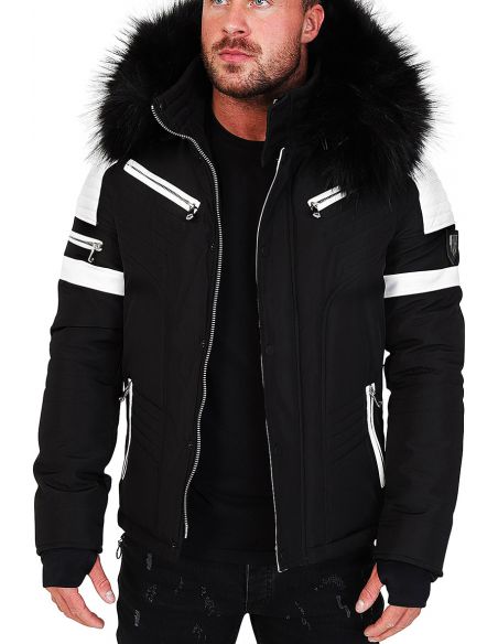 Parka for men with black faux leather and big furr hood