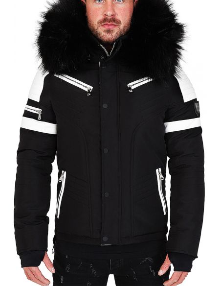 Parka for men with black faux leather and big furr hood
